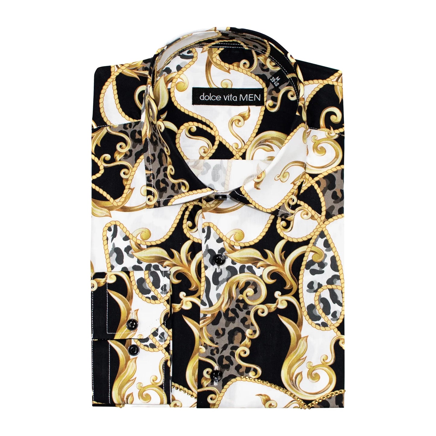 Black and White Rhinestone Filigree Slim-Fit Fashion Shirt