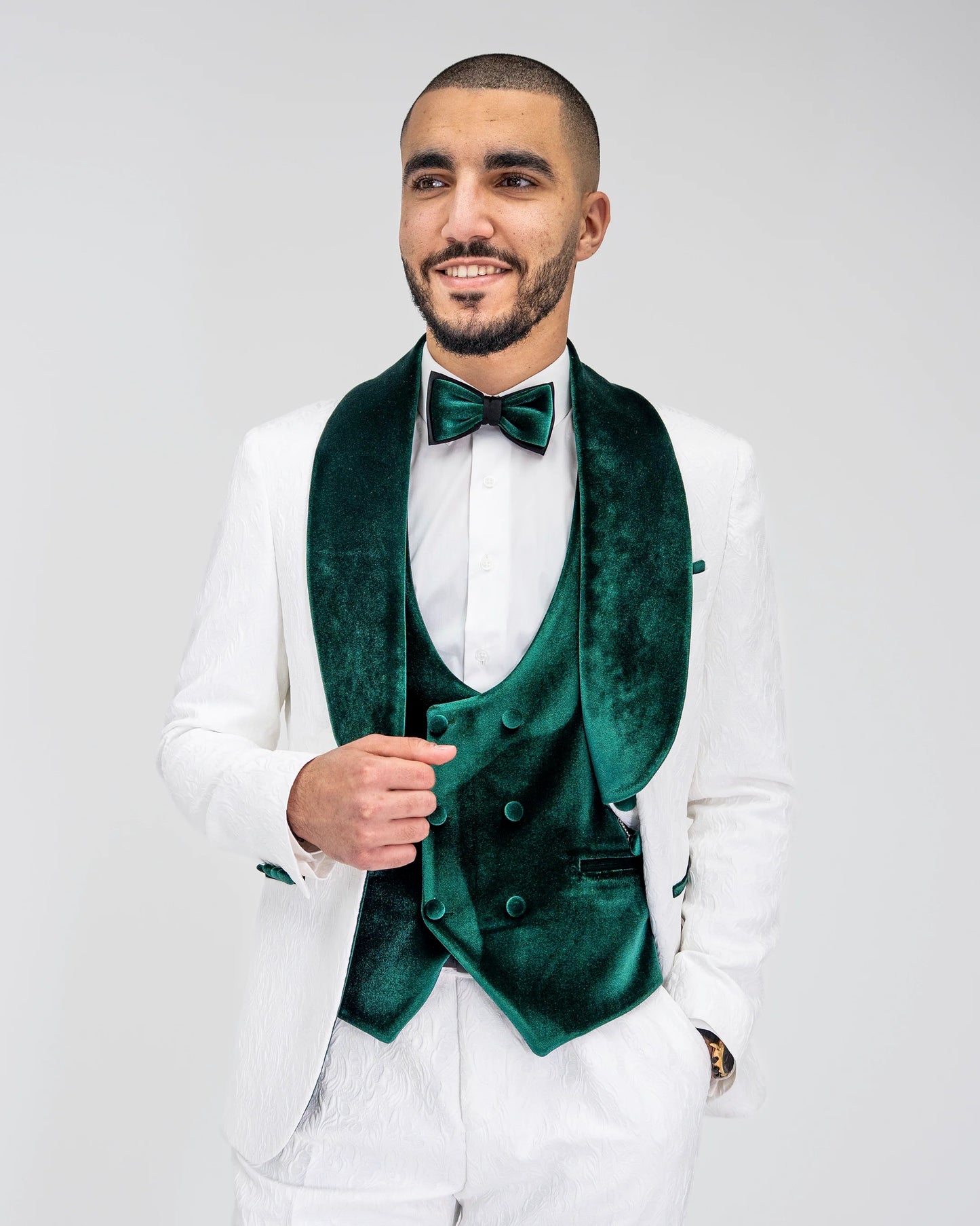 Gianni | White with Green Velvet Lapel 3-Piece Tailored-Fit Tuxedo