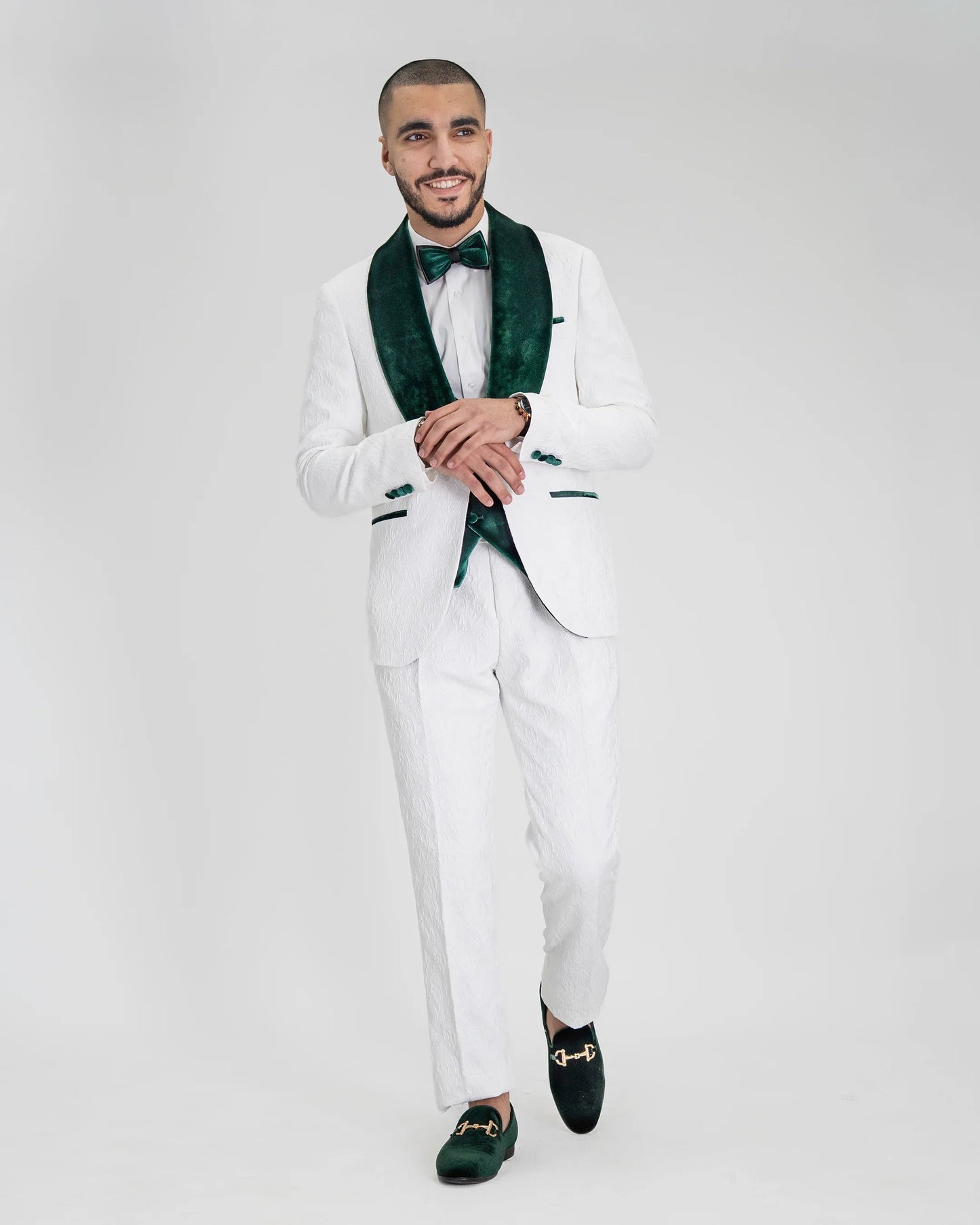 Gianni | White with Green Velvet Lapel 3-Piece Tailored-Fit Tuxedo