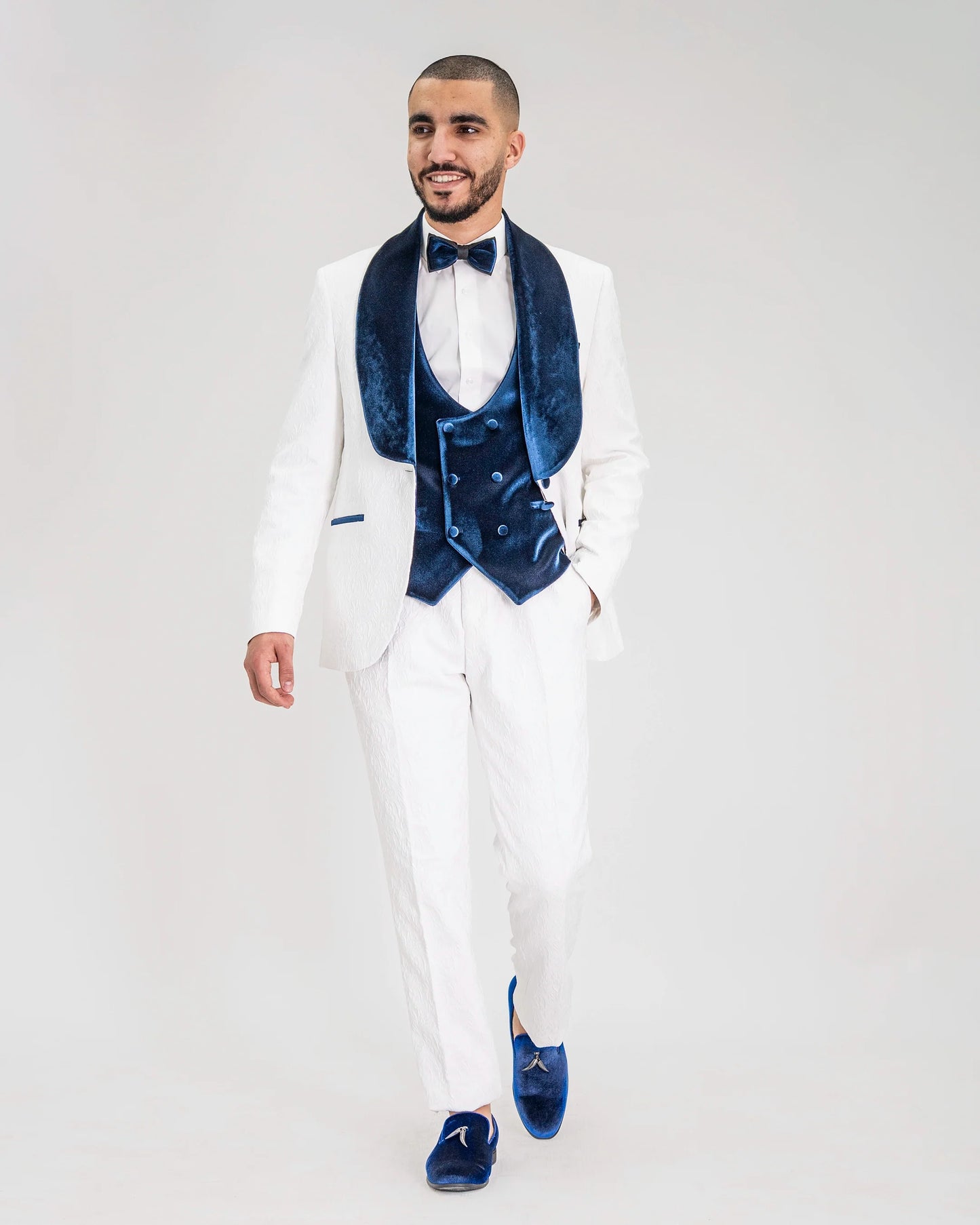 Gianni | White with Navy Velvet Lapel 3-Piece Tailored-Fit Tuxedo