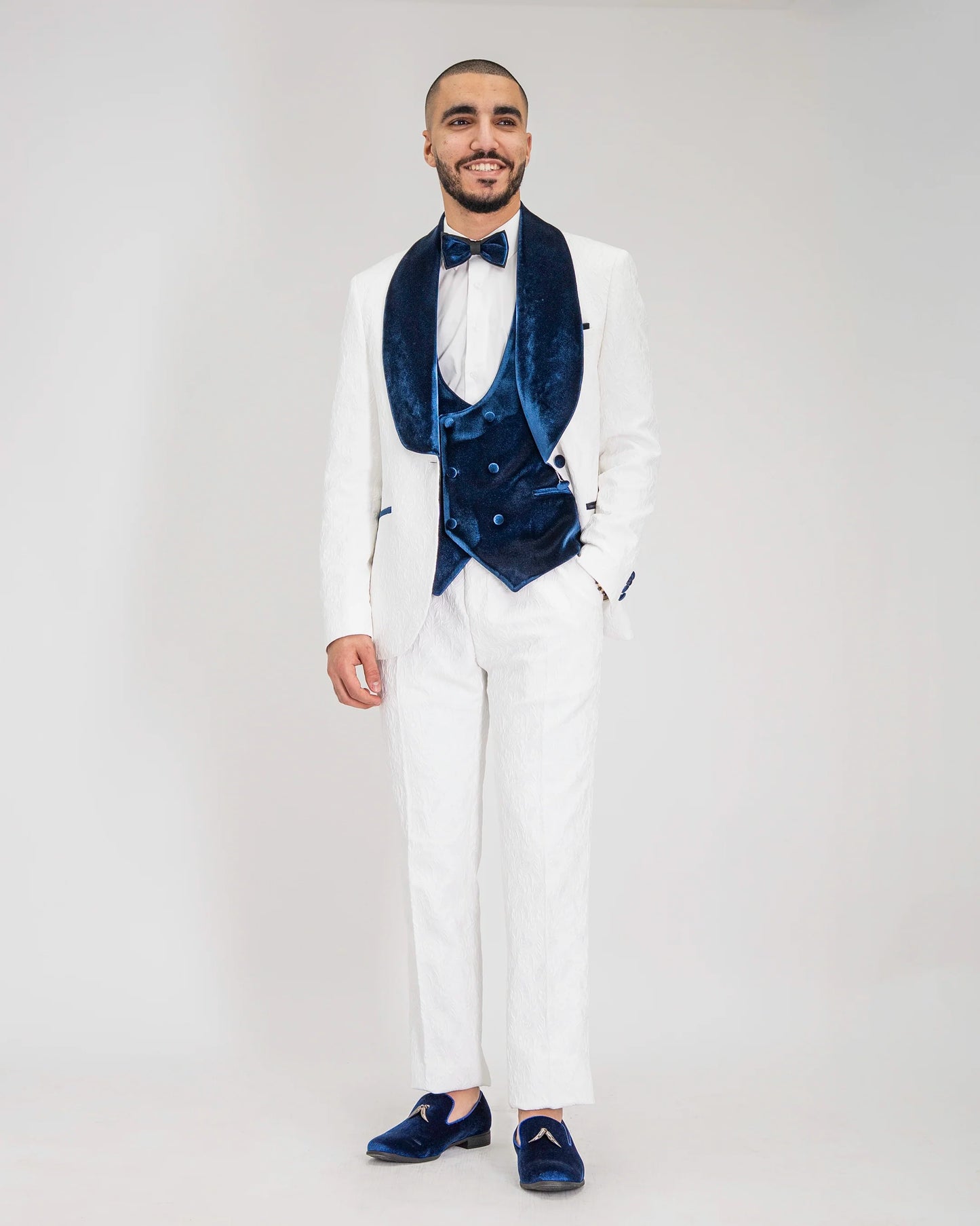 Gianni | White with Navy Velvet Lapel 3-Piece Tailored-Fit Tuxedo