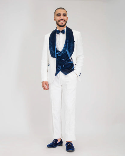 Gianni | White with Navy Velvet Lapel 3-Piece Tailored-Fit Tuxedo