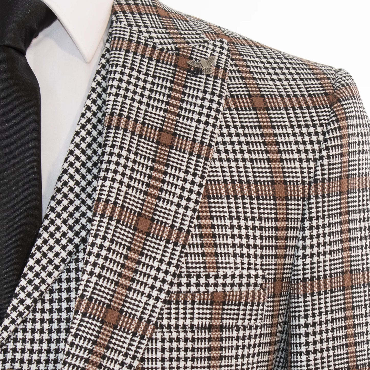 White And Brown Glen Plaid Slim-Fit 3-Piece Suit