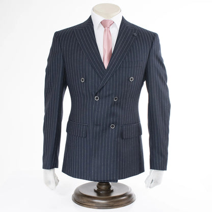 Men's Navy Blue 2-Piece Double-Breasted 6-Button Suit With Pinstripes