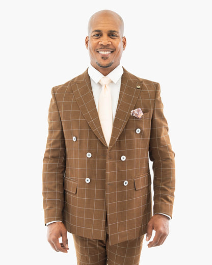 Brown 2-Piece Double-Breasted Checked Tailored-Fit Suit