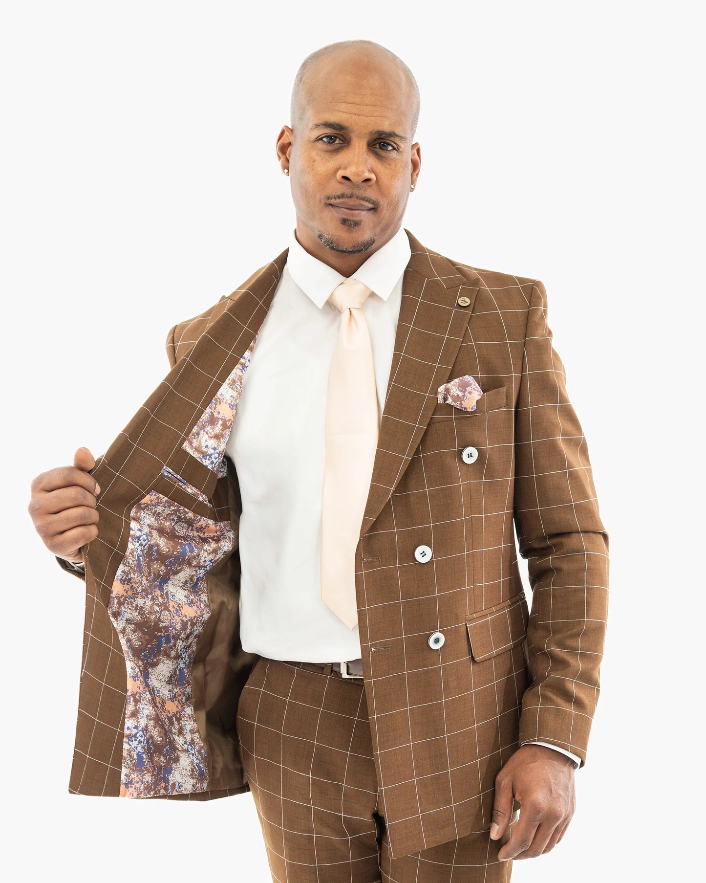 Brown 2-Piece Double-Breasted Checked Tailored-Fit Suit