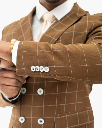Brown 2-Piece Double-Breasted Checked Tailored-Fit Suit