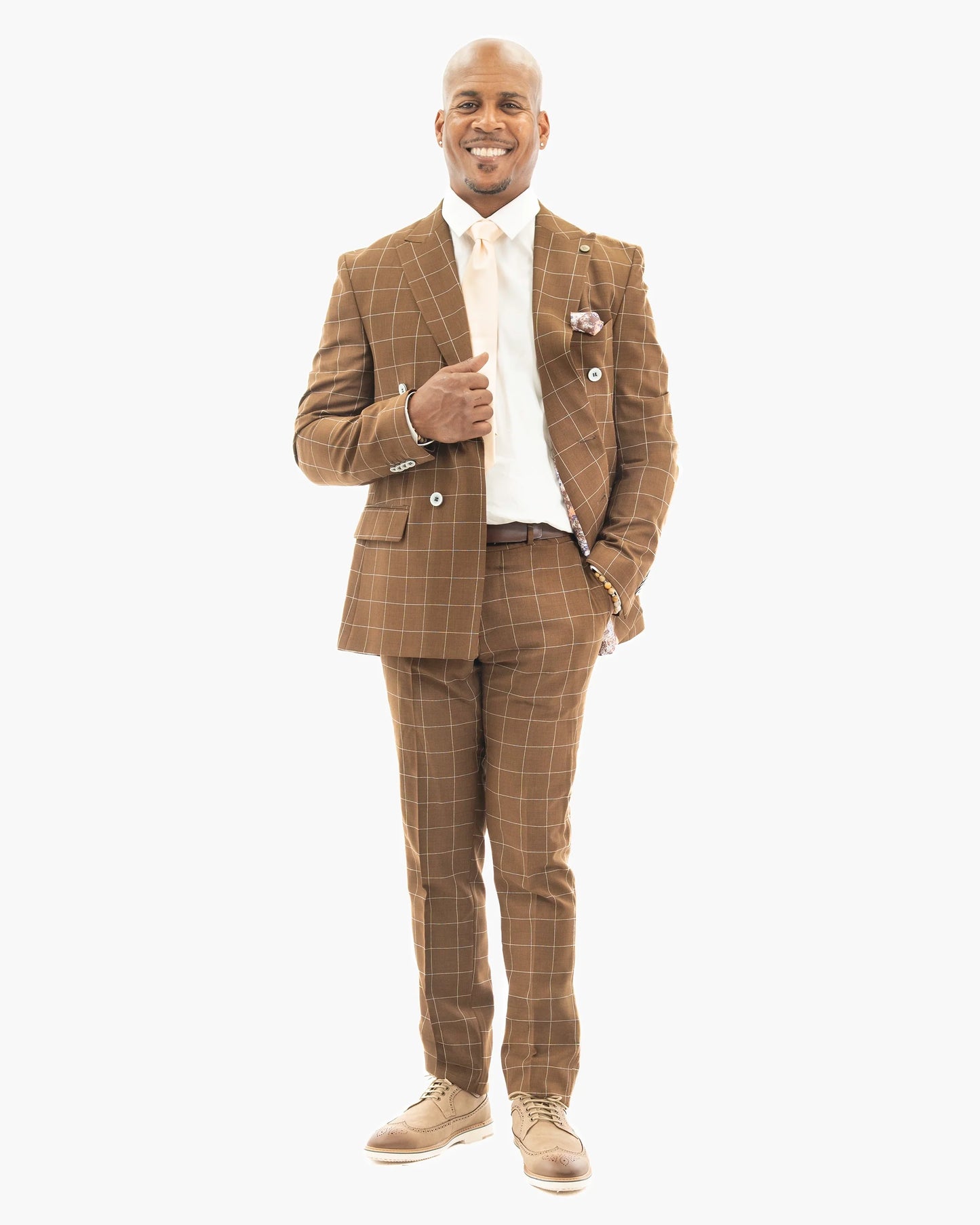 Brown 2-Piece Double-Breasted Checked Tailored-Fit Suit