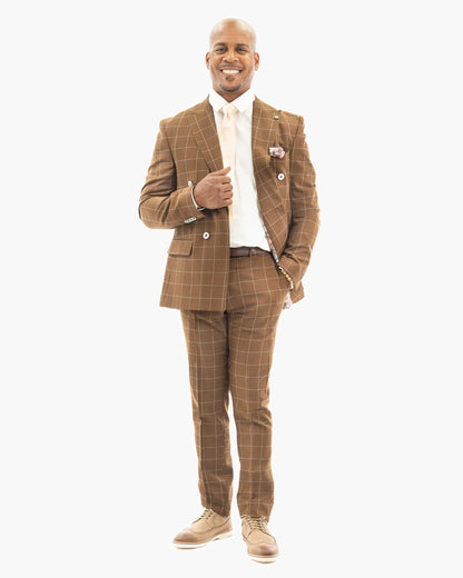 Brown 2-Piece Double-Breasted Checked Tailored-Fit Suit
