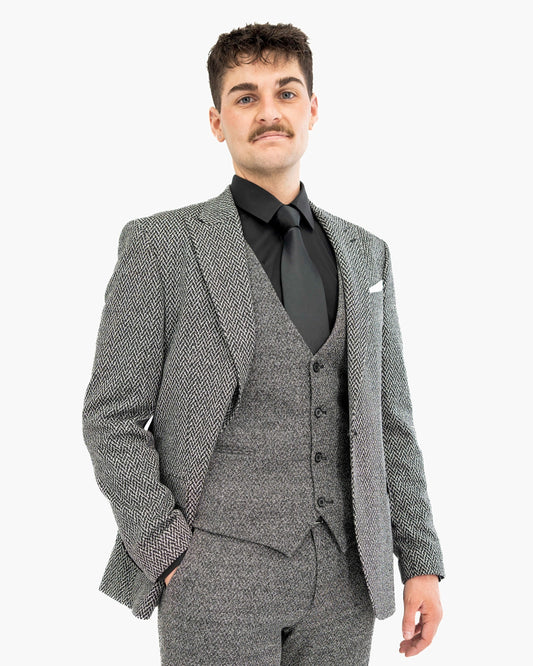 Knit Herringbone Tailored-Fit Suit with Peak Lapels