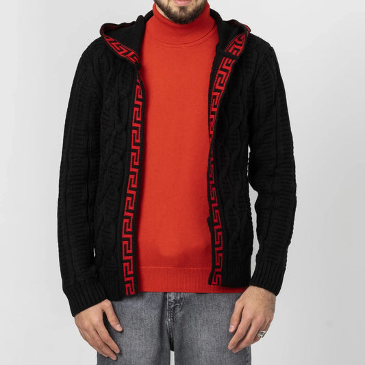 Black & Red Cable Knit Grecian Tailored-Fit Hooded Cardigan