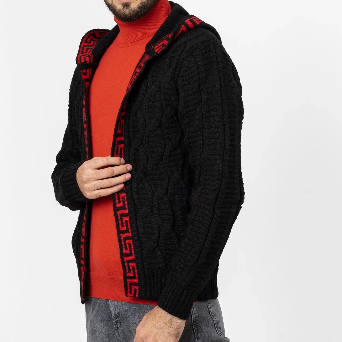 Black & Red Cable Knit Grecian Tailored-Fit Hooded Cardigan