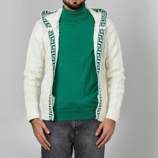 White&Green Cable Knit Grecian Tailored-Fit  Hooded Cardigan