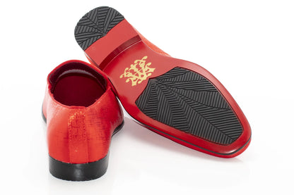 Fire Red Textured Loafer With Rectangular Bit