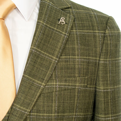 Olive Green Windowpane 3-Piece Tailored-Fit Suit