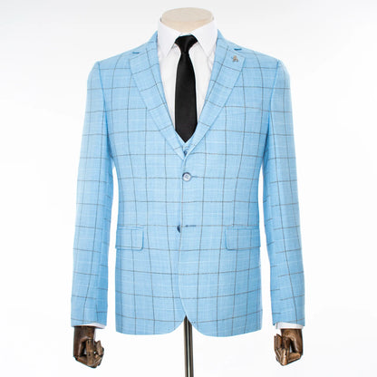 Sky Blue Windowpane 3-Piece Tailored-Fit Suit