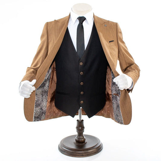 Men's Taupe with Black Pinstripe 3-Piece Slim-Fit Suit