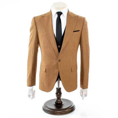 Taupe with Black Pinstripe 3-Piece Slim-Fit Suit