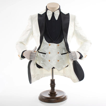 Cream And Black Baroque 3-Piece Slim-Fit Tuxedo With Satin Lapel