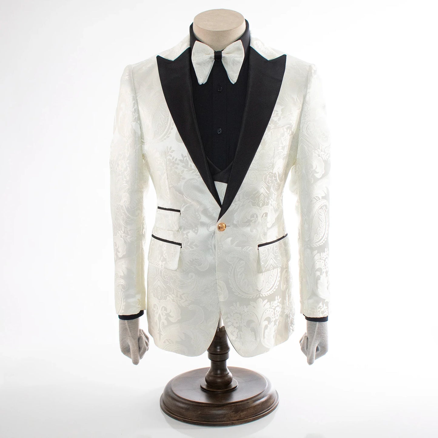 Cream And Black Baroque 3-Piece Slim-Fit Tuxedo With Satin Lapel