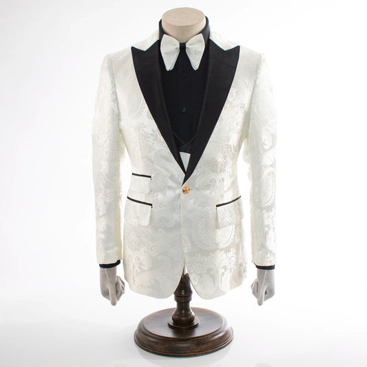 Cream And Black Baroque 3-Piece Slim-Fit Tuxedo With Satin Lapel