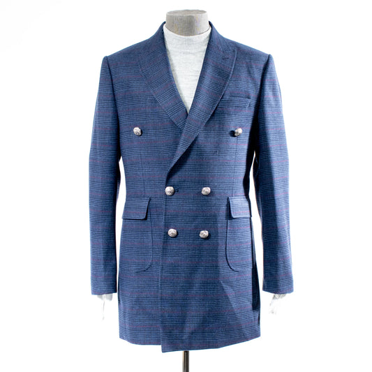 Blue Plaid Slim-Fit Buckled Peacoat