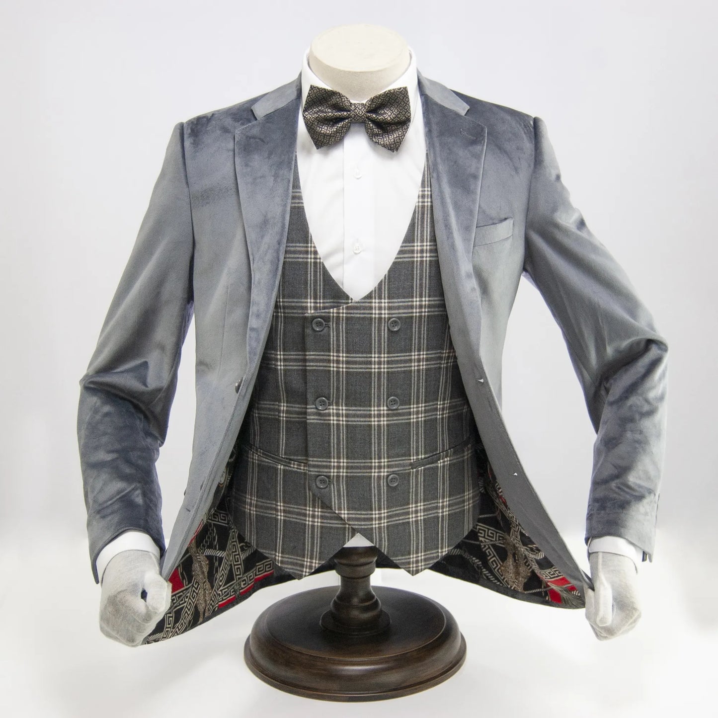 Gray Designer Velvet 3-Piece Slim-Fit Tuxedo with Plaid