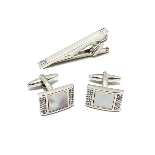 Mother of Pearl Silver Cufflinks & Tie Bar