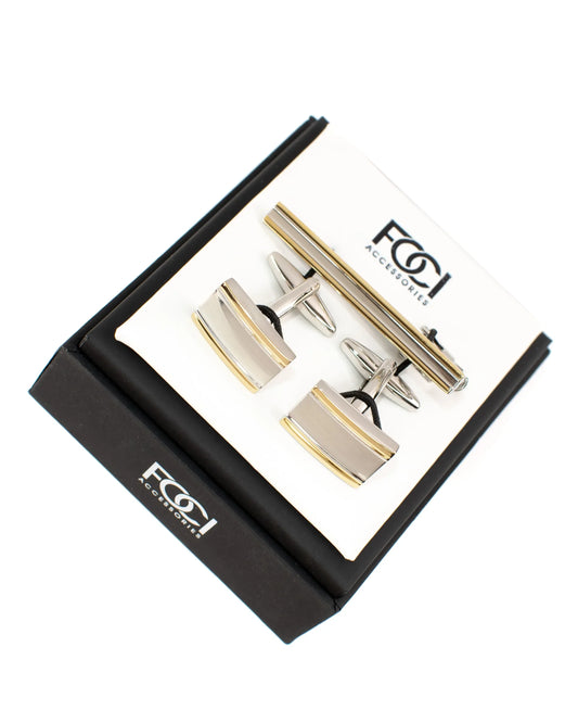 Two-Tone Brushed Nickel Cufflinks & Tie-Bar Set