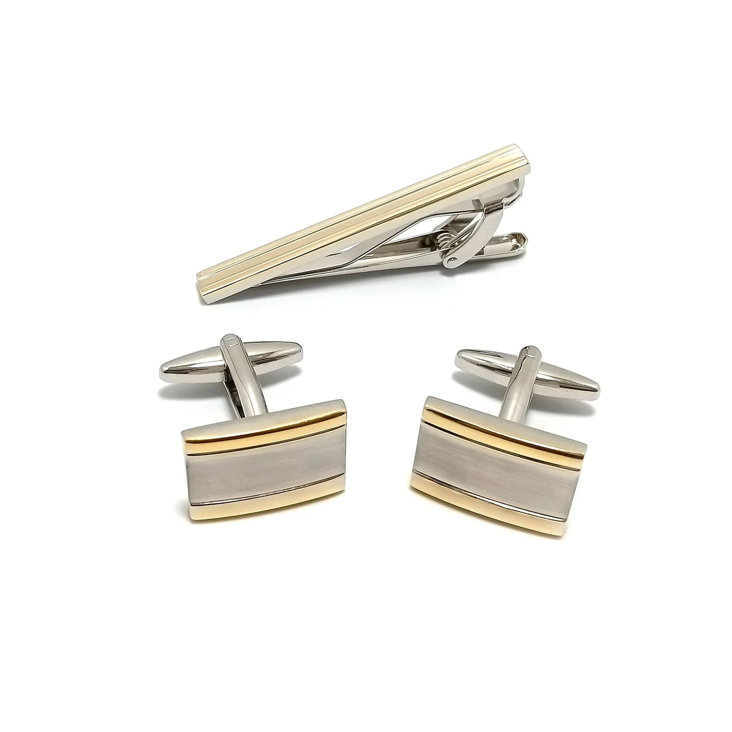 Two-Tone Brushed Nickel Cufflinks & Tie-Bar Set