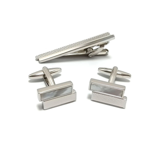 Offset Mother of Pearl Cufflinks & Tie-Bar Set
