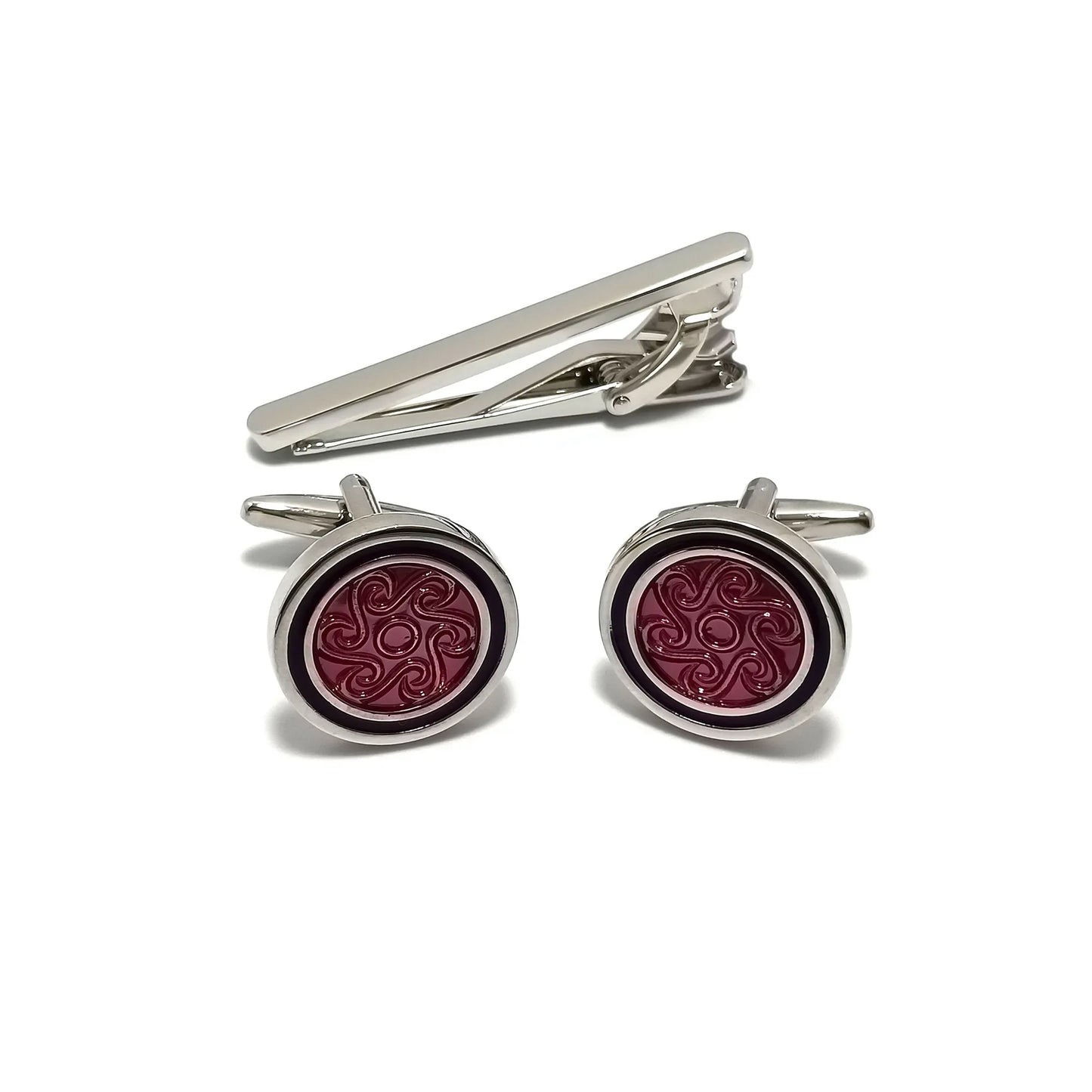 Silver & Wine Roundel Cufflinks & Tie-Bar Set