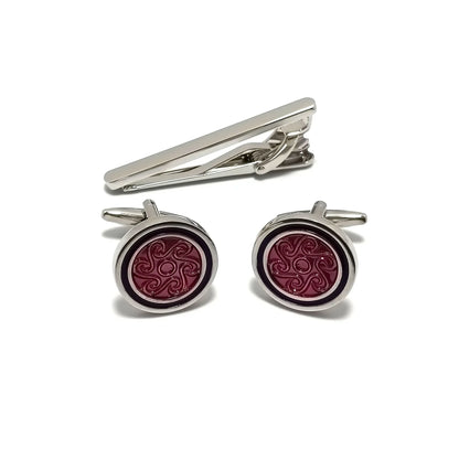 Silver & Wine Roundel Cufflinks & Tie-Bar Set