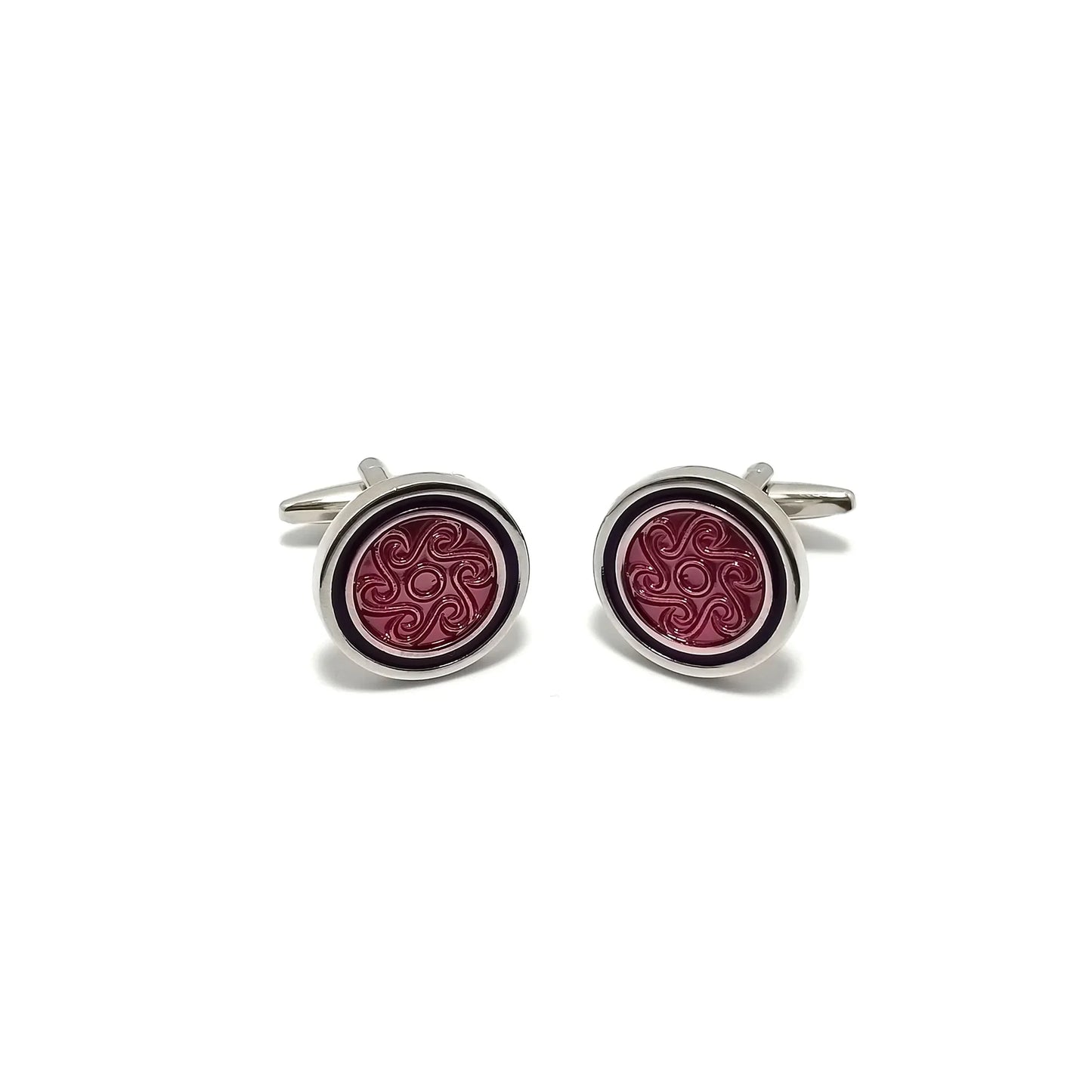 Silver & Wine Roundel Cufflinks & Tie-Bar Set