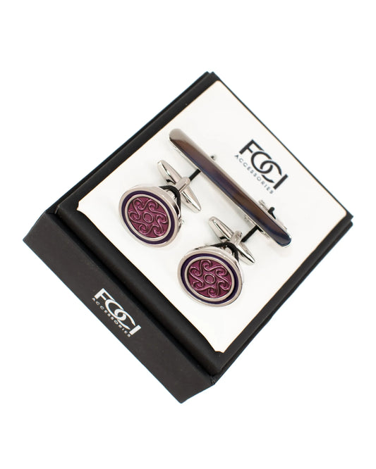 Silver & Wine Roundel Cufflinks & Tie-Bar Set