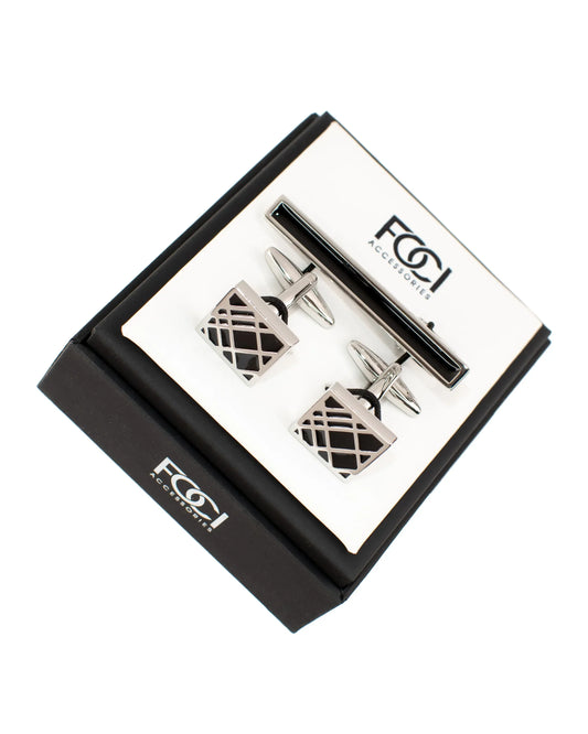 Wyrd Silver & Black Cufflinks & Tie-Bar Set