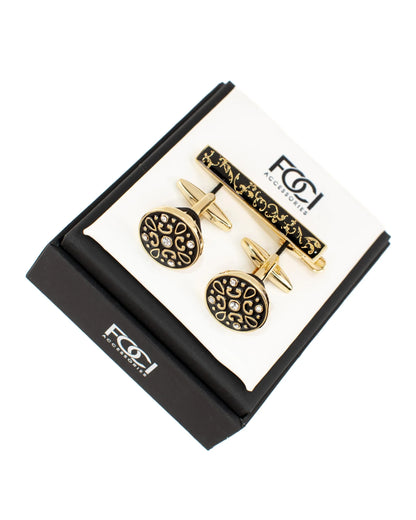 Floral Roundel Cufflinks & Tie-Bar Set