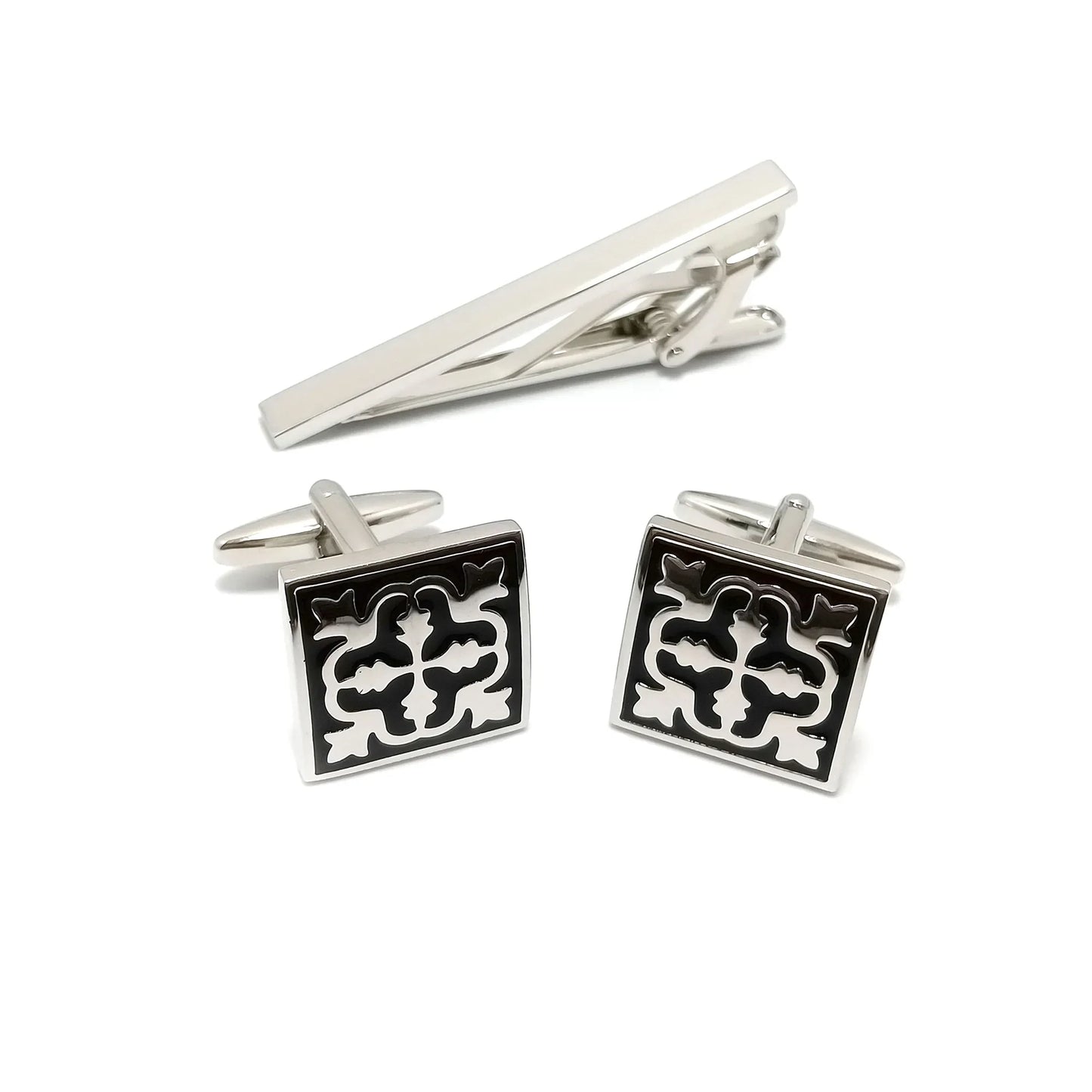 Square Filigree Cufflinks & Tie-Bar Set
