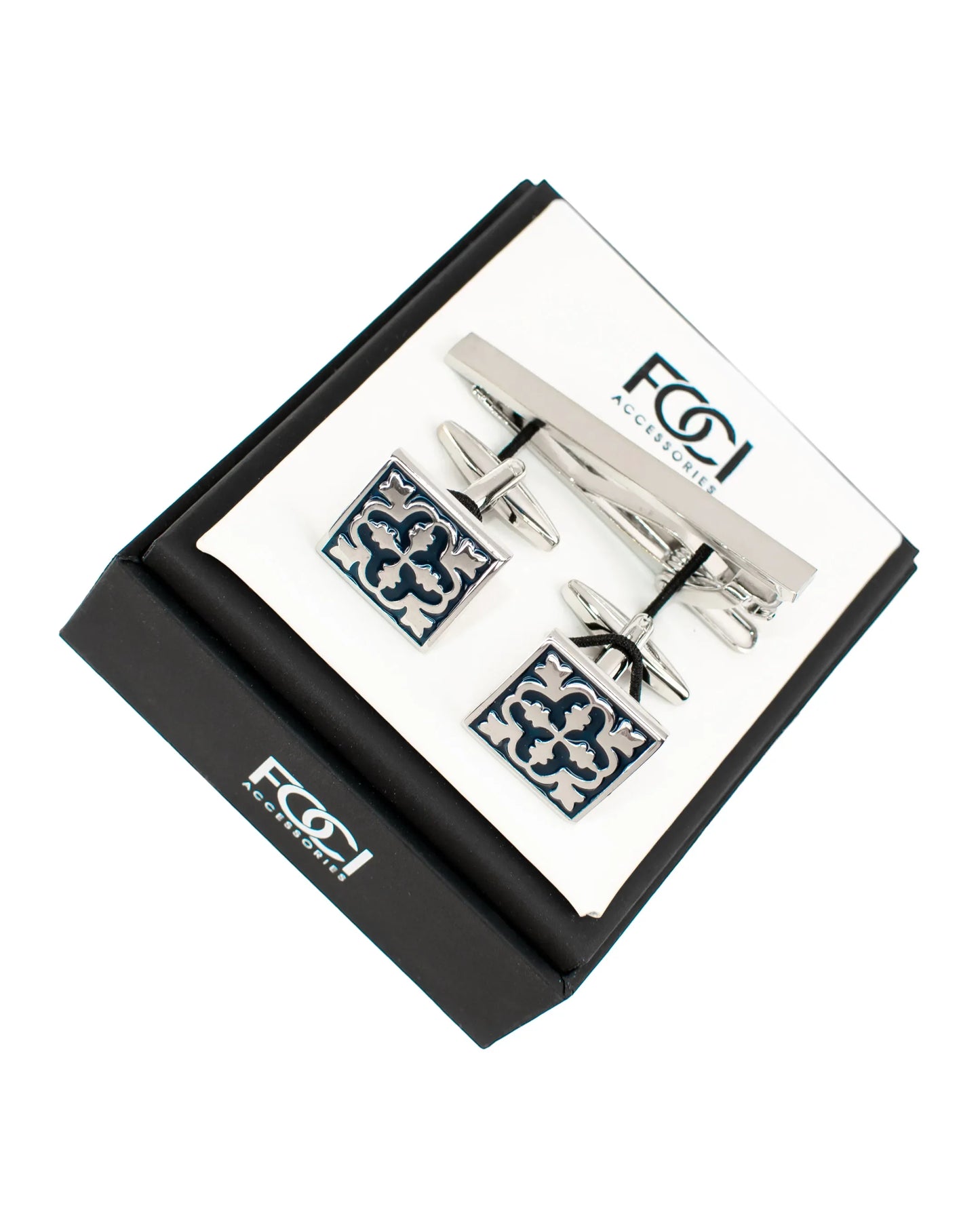 Square Filigree Cufflinks & Tie-Bar Set