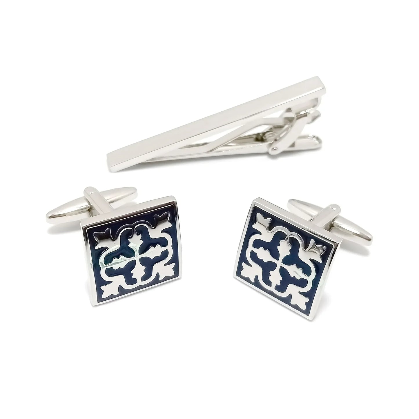 Square Filigree Cufflinks & Tie-Bar Set