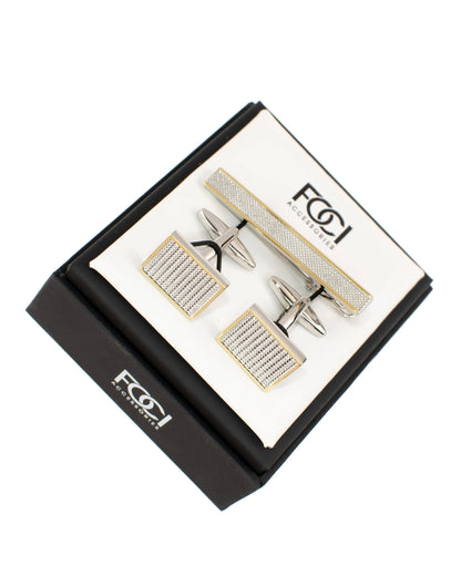 Two-Toned Diamond Plated Cufflinks & Tie-Bar Set