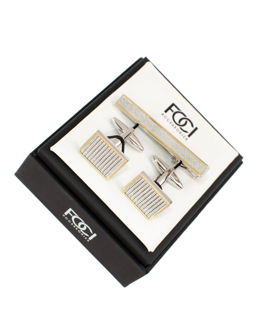 Two-Toned Diamond Plated Cufflinks & Tie-Bar Set
