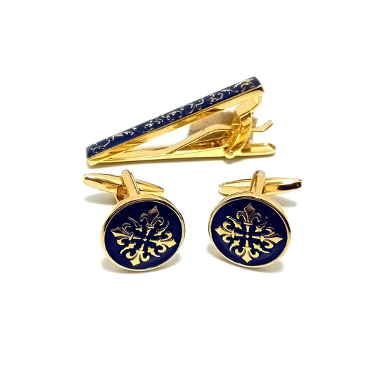 Fleur de Lis Solar Cross Cufflinks & Tie-Bar Set