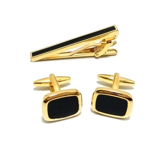 Gold & Black Enamel Cufflinks & Tie-Bar Set