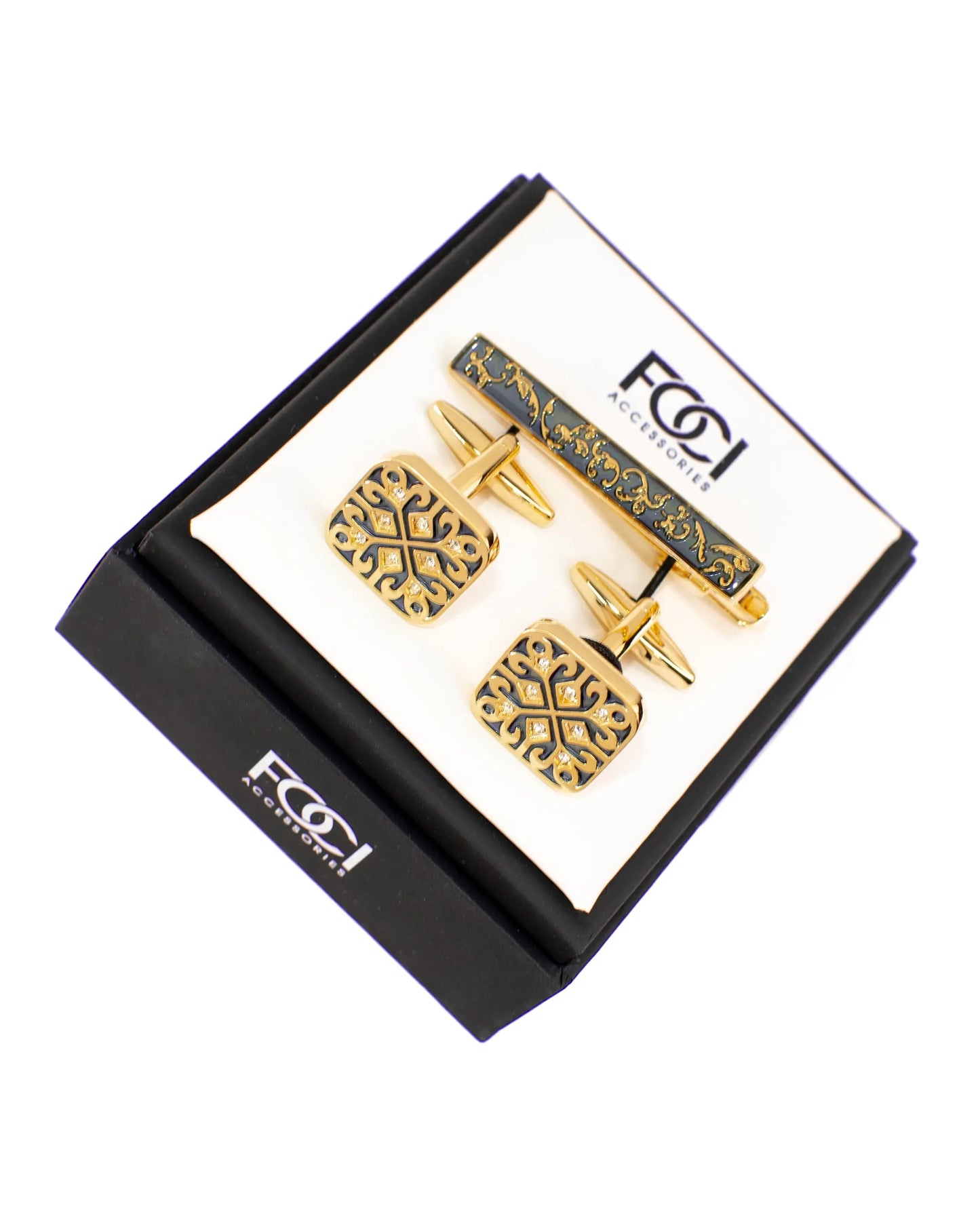 Gold Patterned Cufflinks & Tie-Bar Set