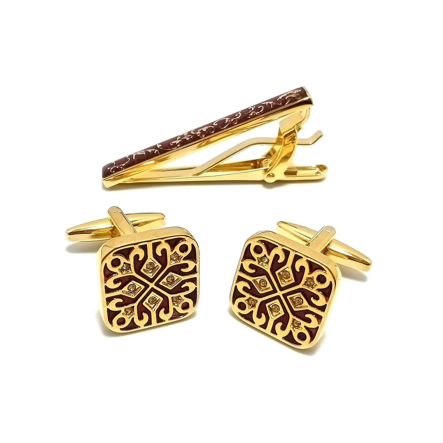 Gold Patterned Cufflinks & Tie-Bar Set