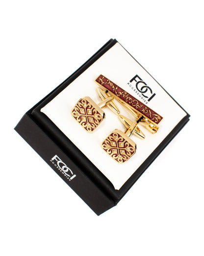Gold Patterned Cufflinks & Tie-Bar Set