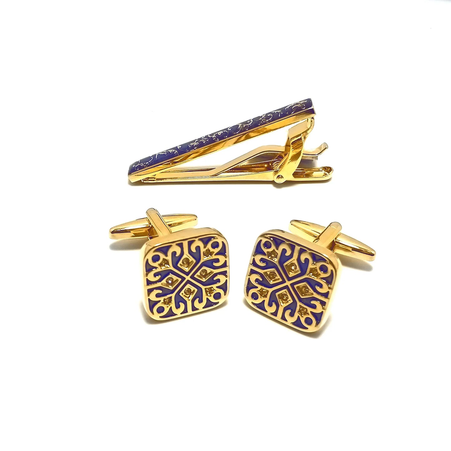 Gold Patterned Cufflinks & Tie-Bar Set