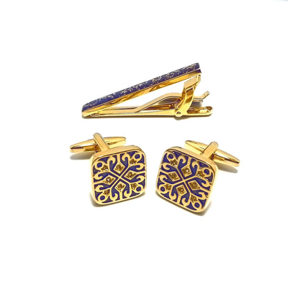 Gold Patterned Cufflinks & Tie-Bar Set