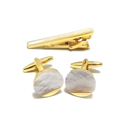 Gold & Mother of Pearl Cufflinks & Tie-Bar Set